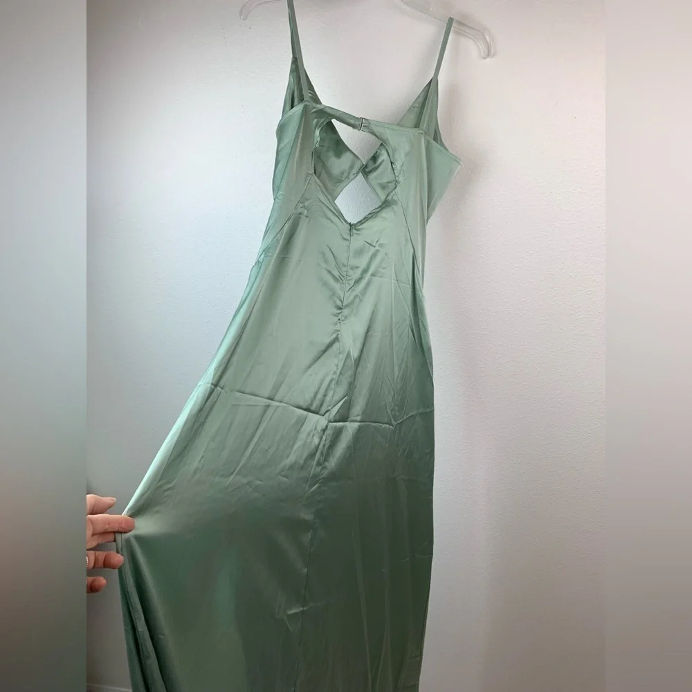 NWT Olive, mossy maxi slip dress, spaghetti strap deep V Neck thigh slit hem - Picture 7 of 12